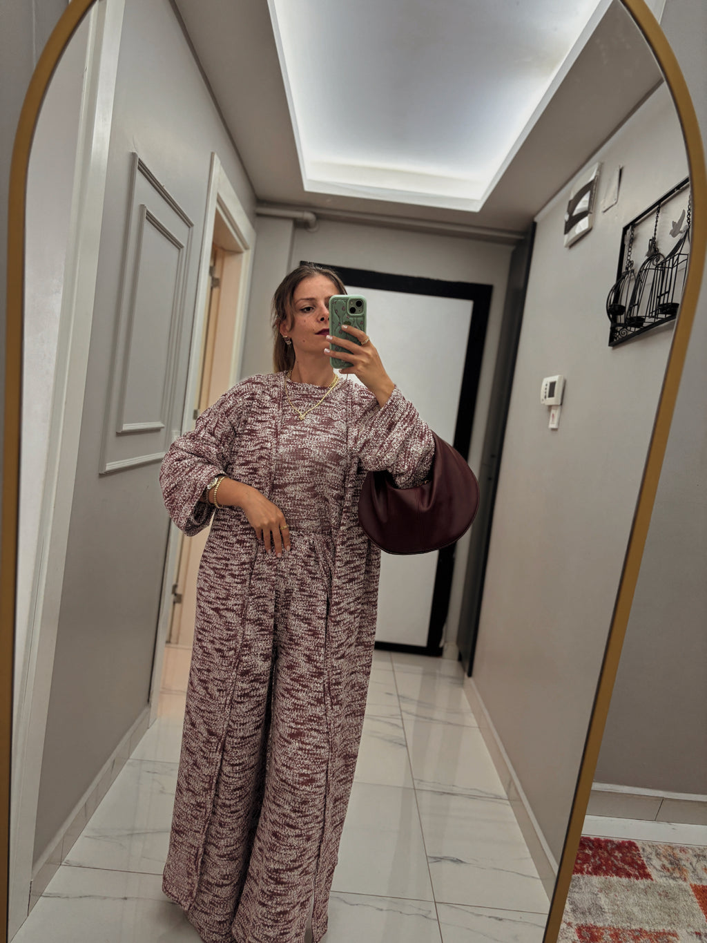 Melanj Desenli Triko Görünümlü Örme Kumaş 3'lü Takım (Kimono, Bluz ve Pantolon)