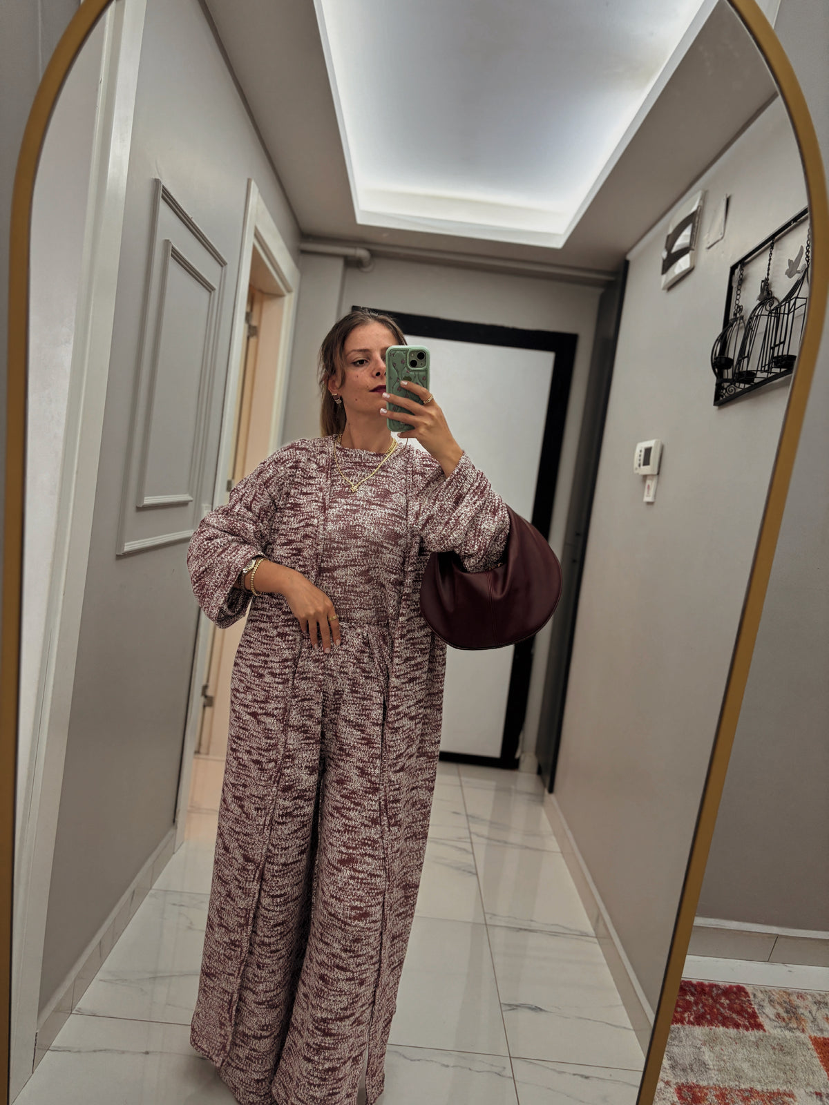 Melanj Desenli Triko Görünümlü Örme Kumaş 3'lü Takım (Kimono, Bluz ve Pantolon)