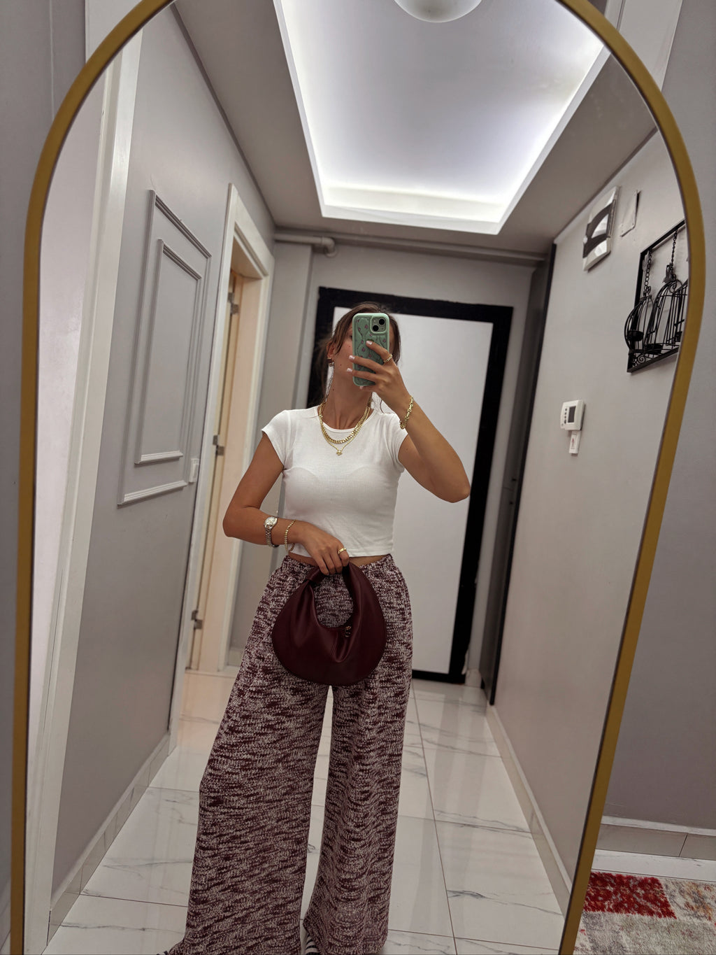 Melanj Desenli Triko Görünümlü Örme Kumaş 3'lü Takım (Kimono, Bluz ve Pantolon)
