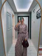 Melanj Desenli Triko Görünümlü Örme Kumaş 3'lü Takım (Kimono, Bluz ve Pantolon)