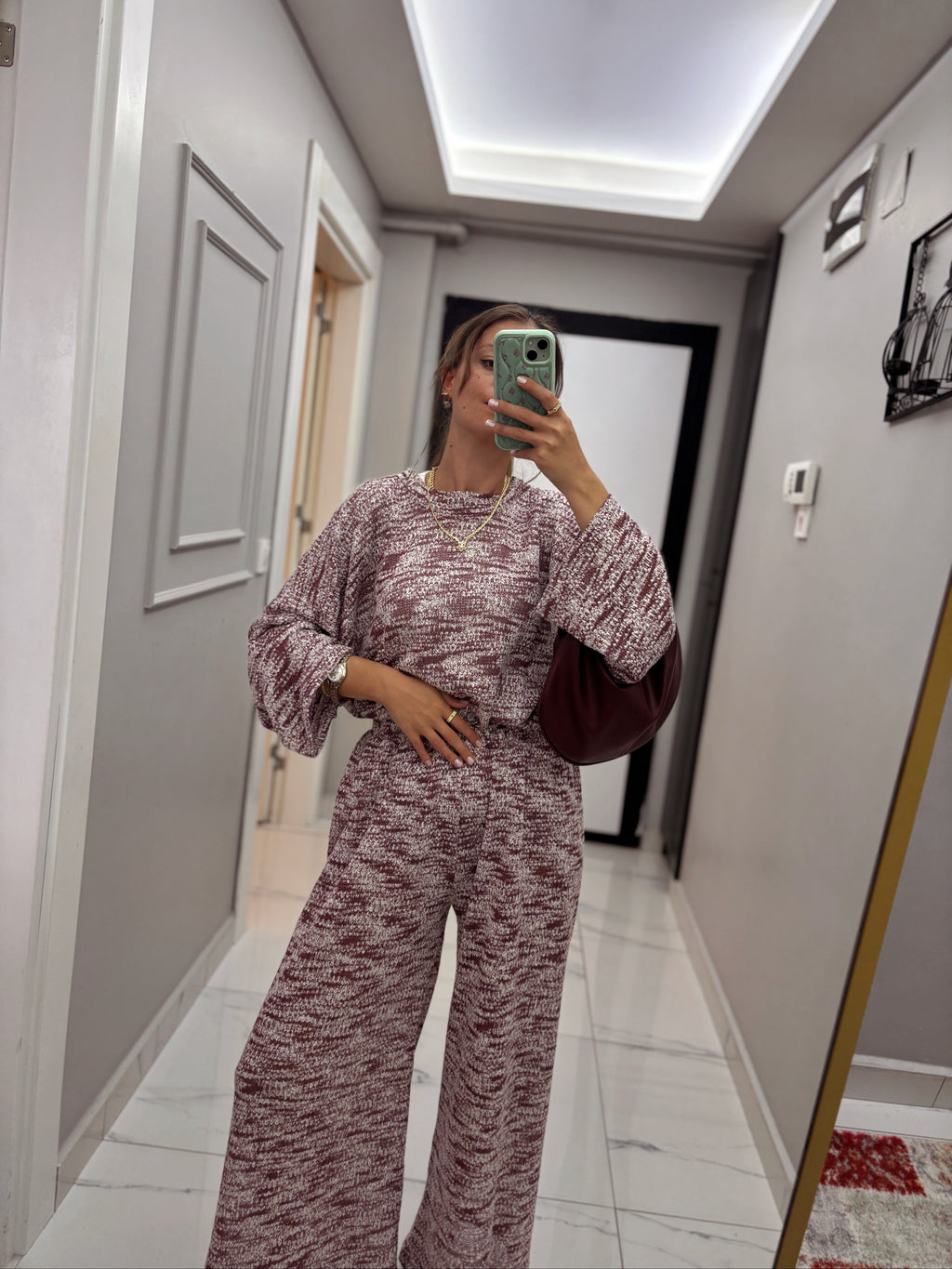 Melanj Desenli Triko Görünümlü Örme Kumaş 3'lü Takım (Kimono, Bluz ve Pantolon)