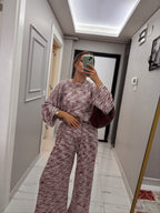 Melanj Desenli Triko Görünümlü Örme Kumaş 3'lü Takım (Kimono, Bluz ve Pantolon)